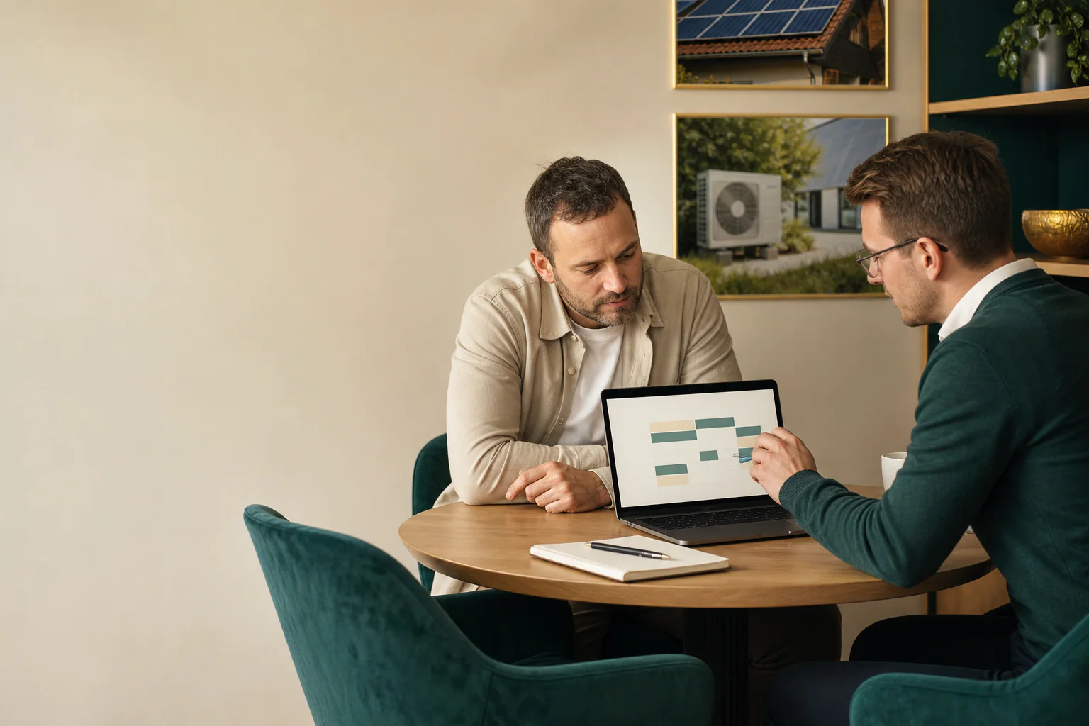Két szakember digitális modernizációról egyeztet egy nyugodt, energetikai témájú irodában